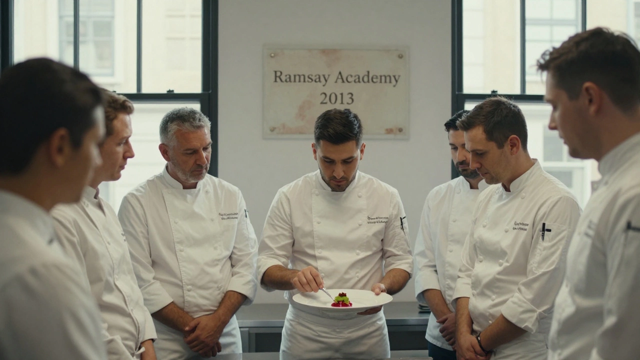 Professional chefs learning modern plating at the Ramsay Academy, faded sign on the wall, natural lighting.