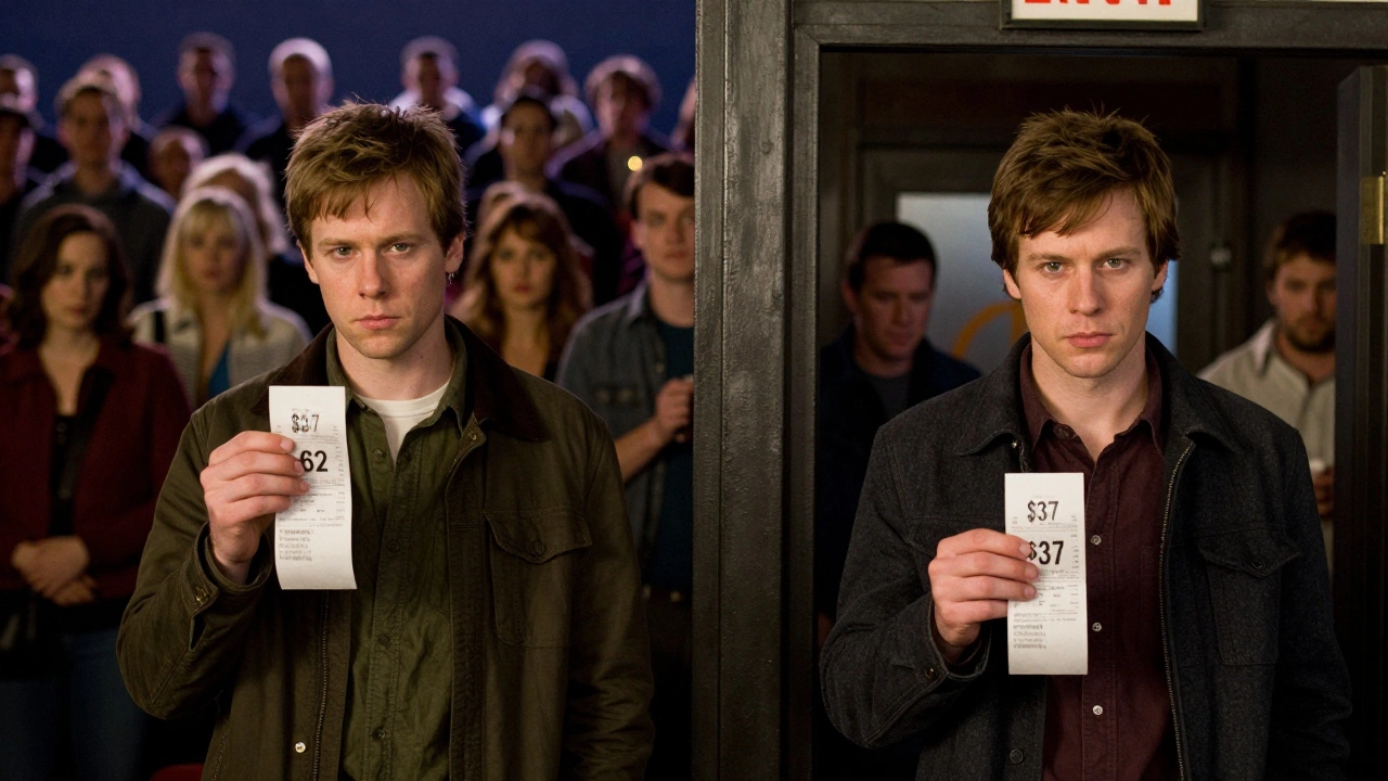 Side-by-side scene comparing expensive Saturday and affordable Tuesday cinema visits.