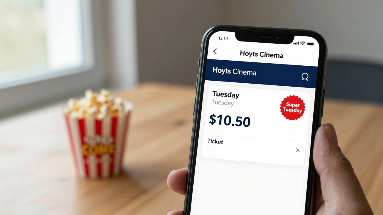 Smartphone showing a Tuesday cinema ticket deal with popcorn and drink combo.