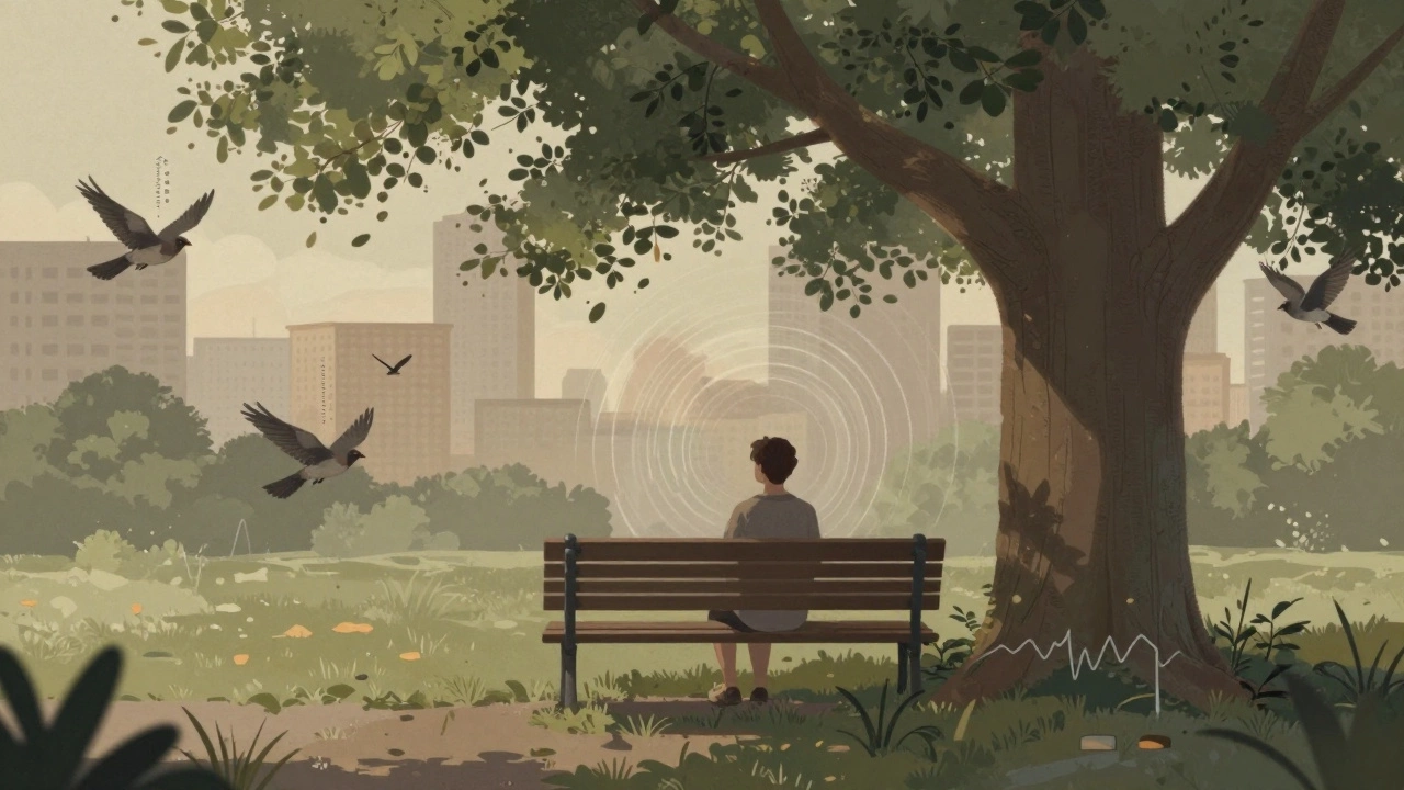 Someone sitting under a tree in a city park, with visual cues of calming biological changes around them.