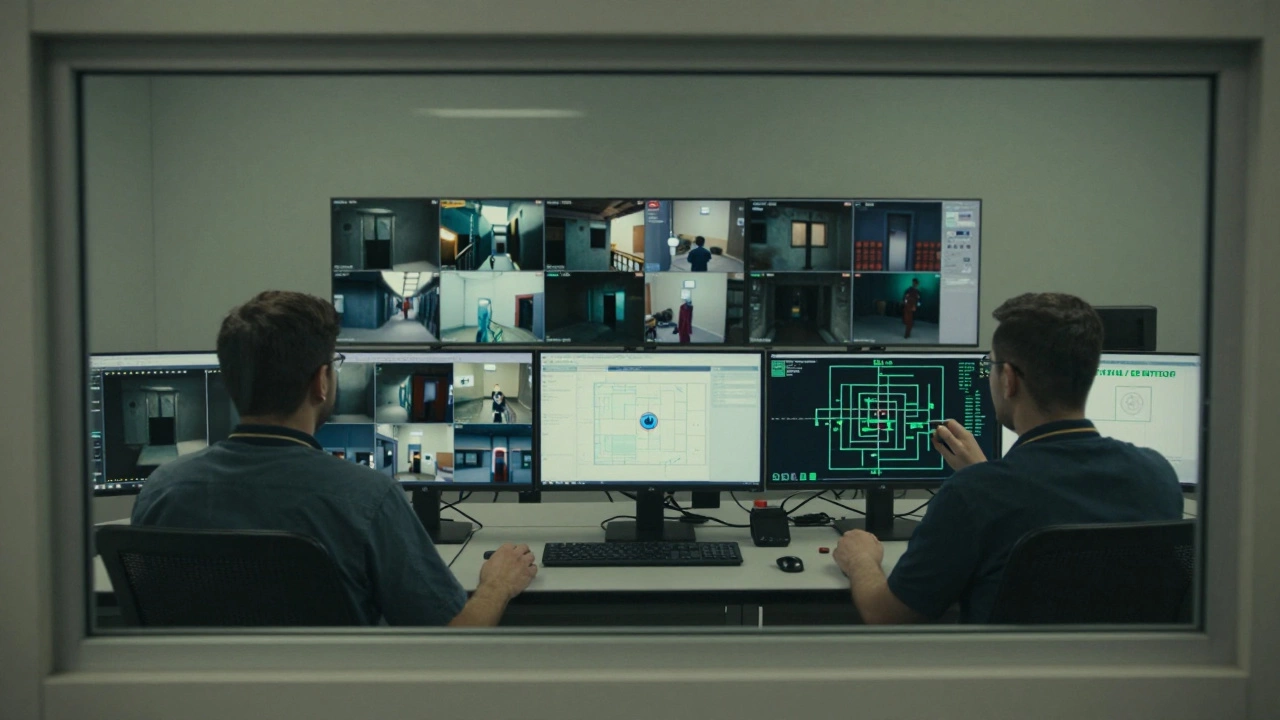 Staff in a control room watching multiple escape room feeds on monitors, focused and professional.