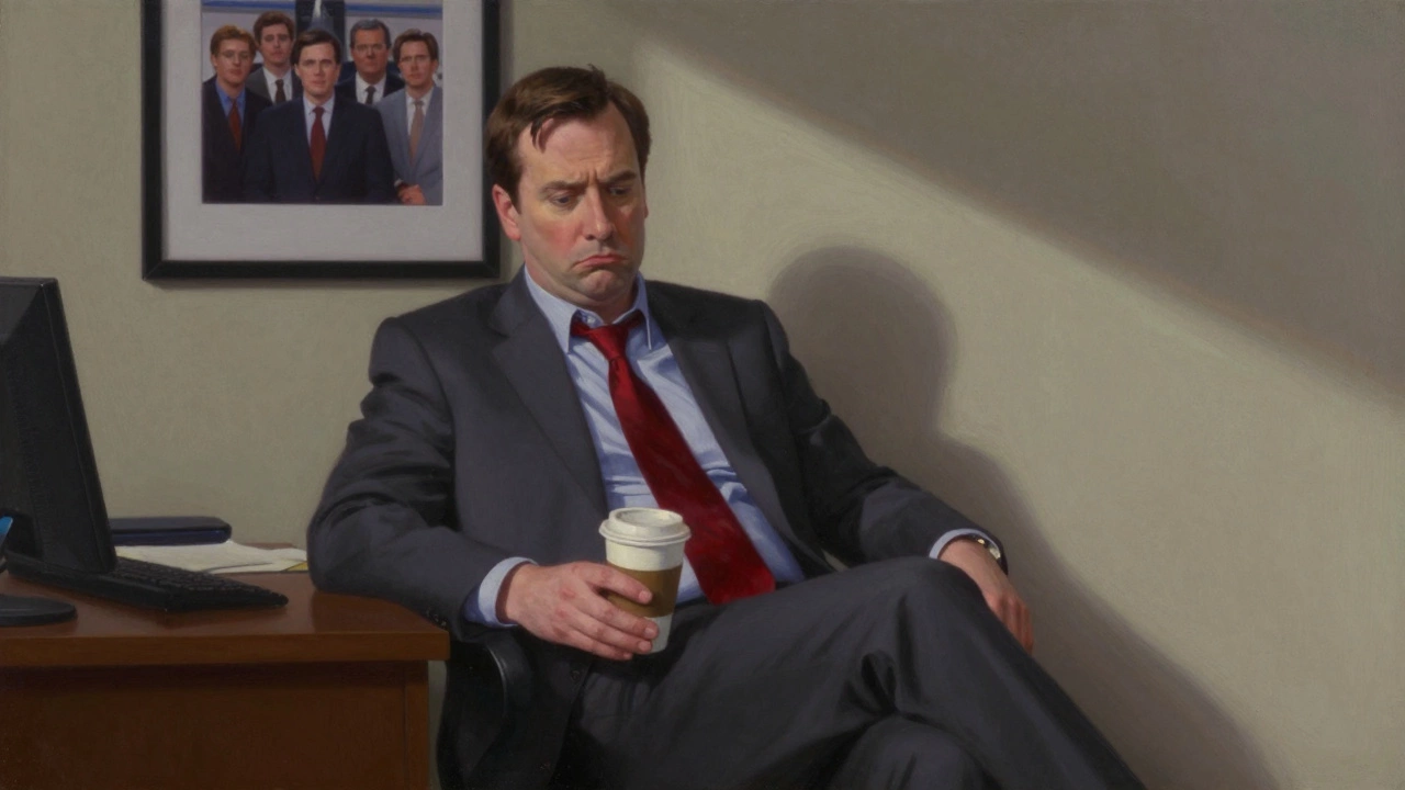 Steve Carell as Michael Scott sitting awkwardly in his office, looking lost under fluorescent lights.