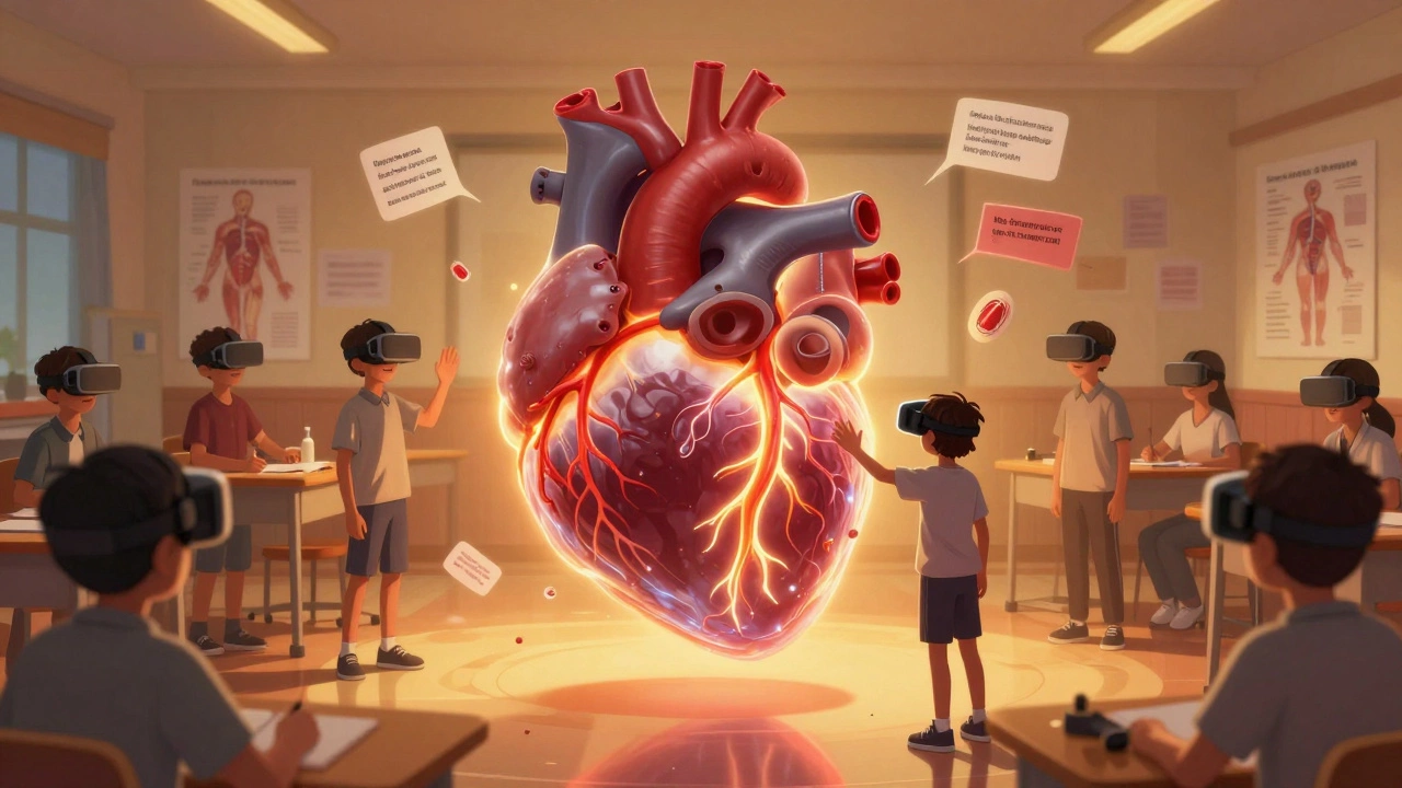 Students exploring a glowing 3D human heart in a virtual reality classroom setting.