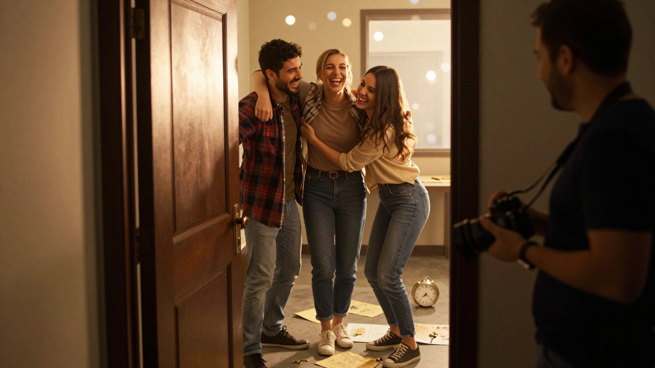 Team celebrates as the escape room door opens, bathed in golden light.