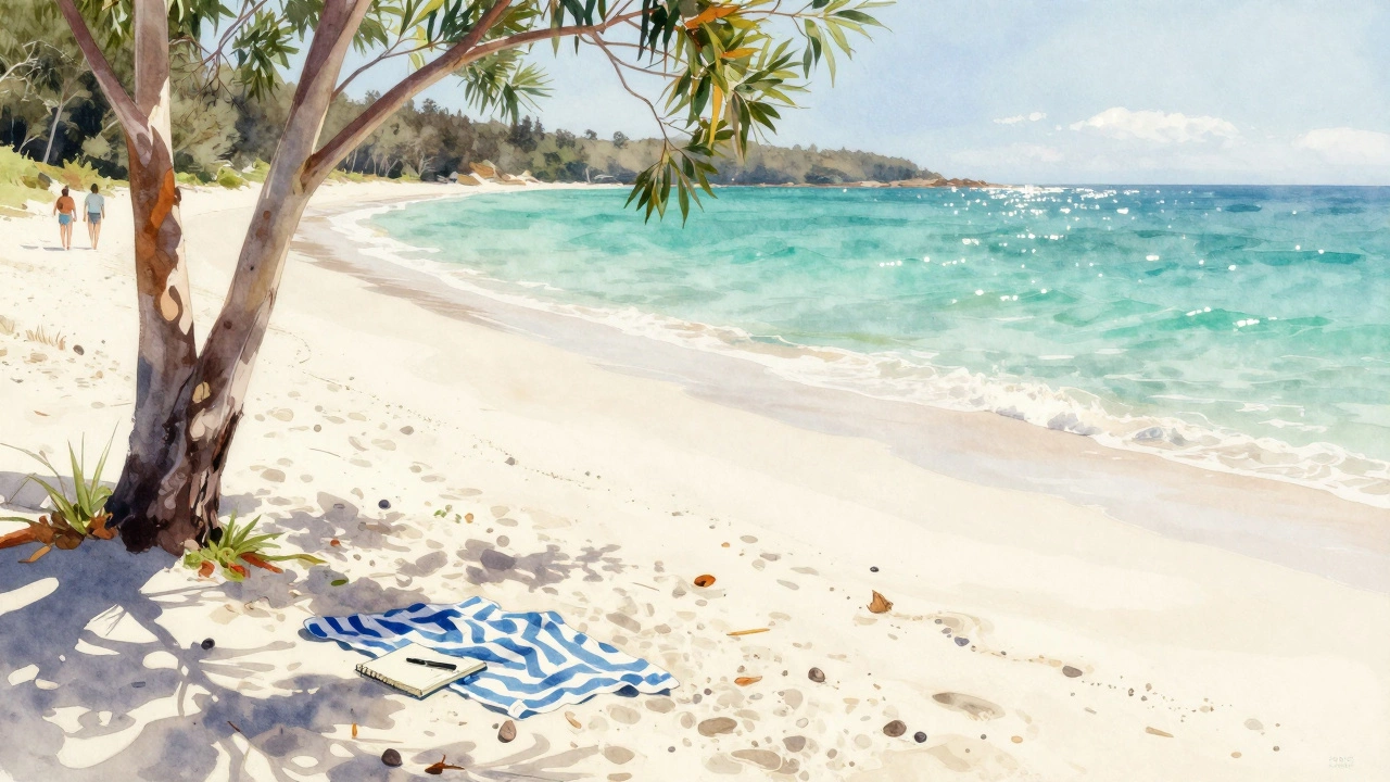 White sand beach at Jervis Bay with towel and notebook by a tree