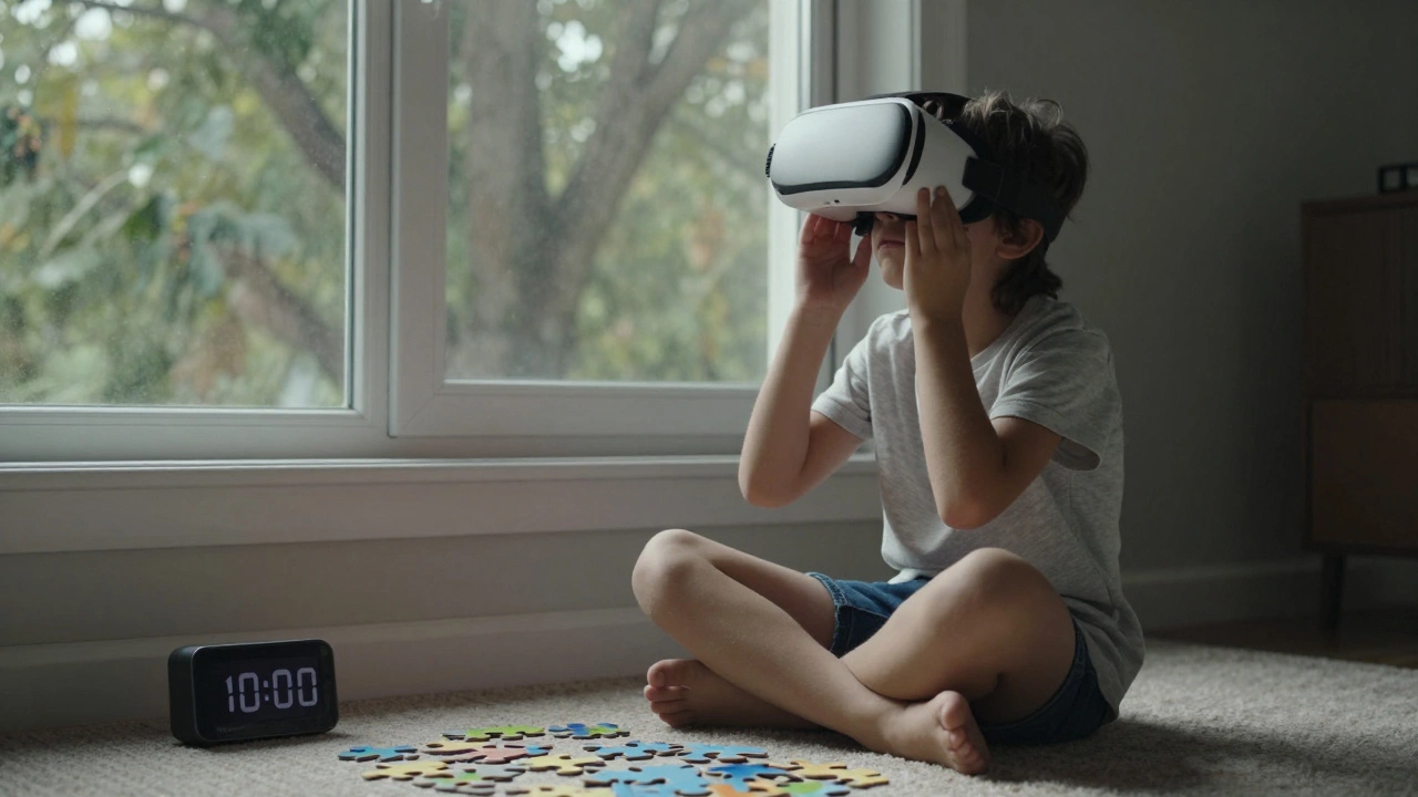 A child blinking after removing a VR headset, looking out a window at a tree, rubbing their eyes.