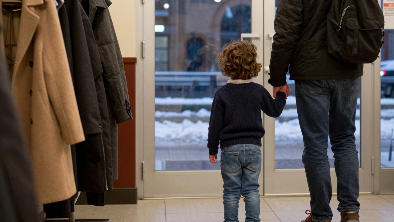 A family in neat clothing waiting in a theater lobby before a show begins.