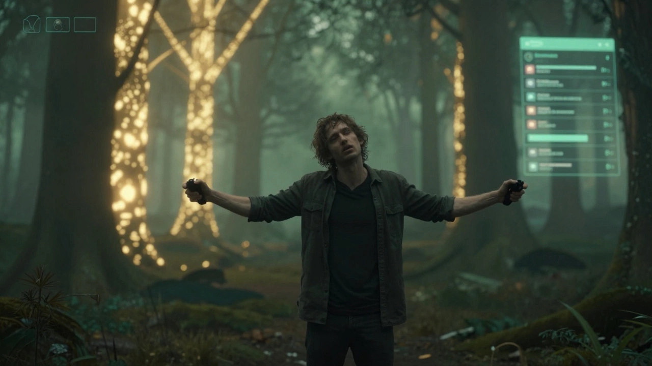 A figure in a virtual forest stands with outstretched arms, their real-world surroundings faded behind them, glowing digital elements around them.