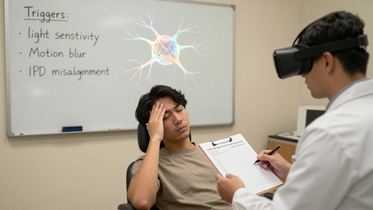 A neurologist reviewing a migraine logbook next to a VR headset, with a whiteboard listing triggers in a clinic setting.
