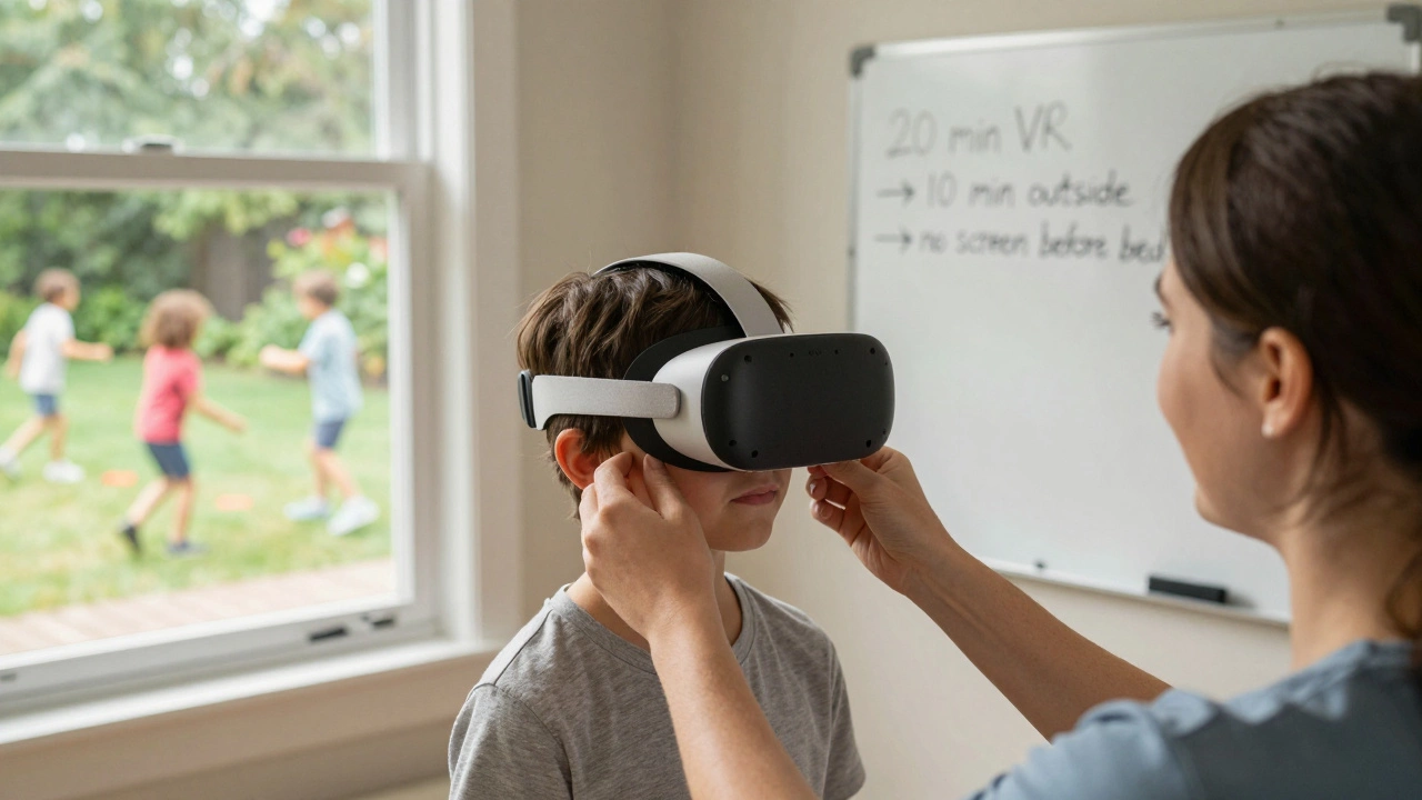 A parent adjusting a VR headset on a child’s face, with outdoor play visible through the window.