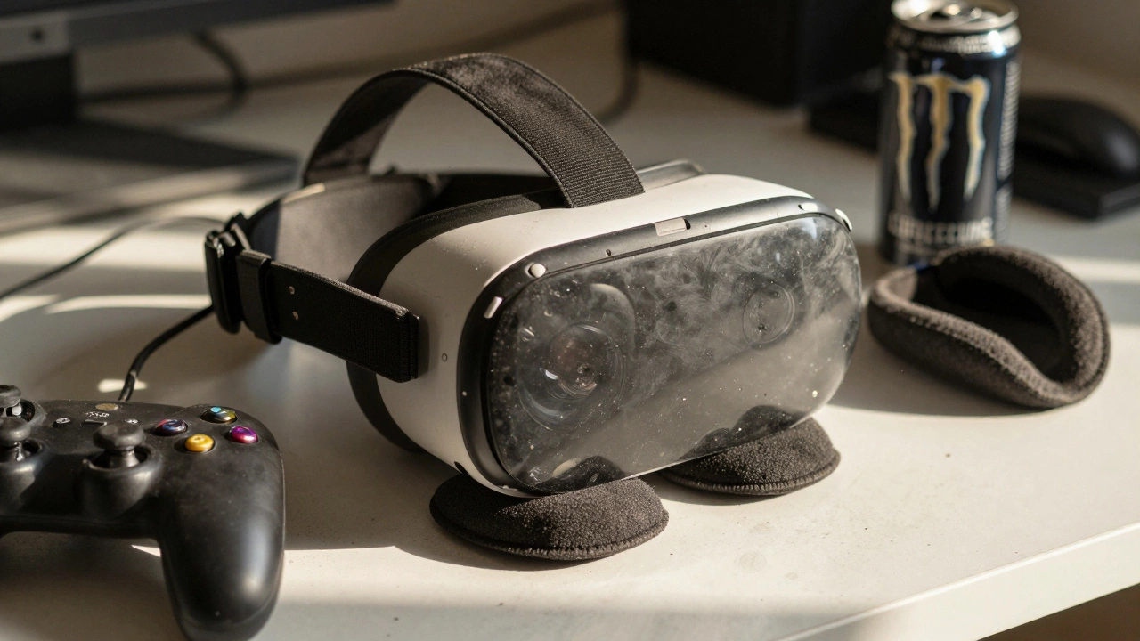 A VR headset rests on a messy desk with stained facepad, scratched lenses, and a frayed cable, bathed in afternoon light.
