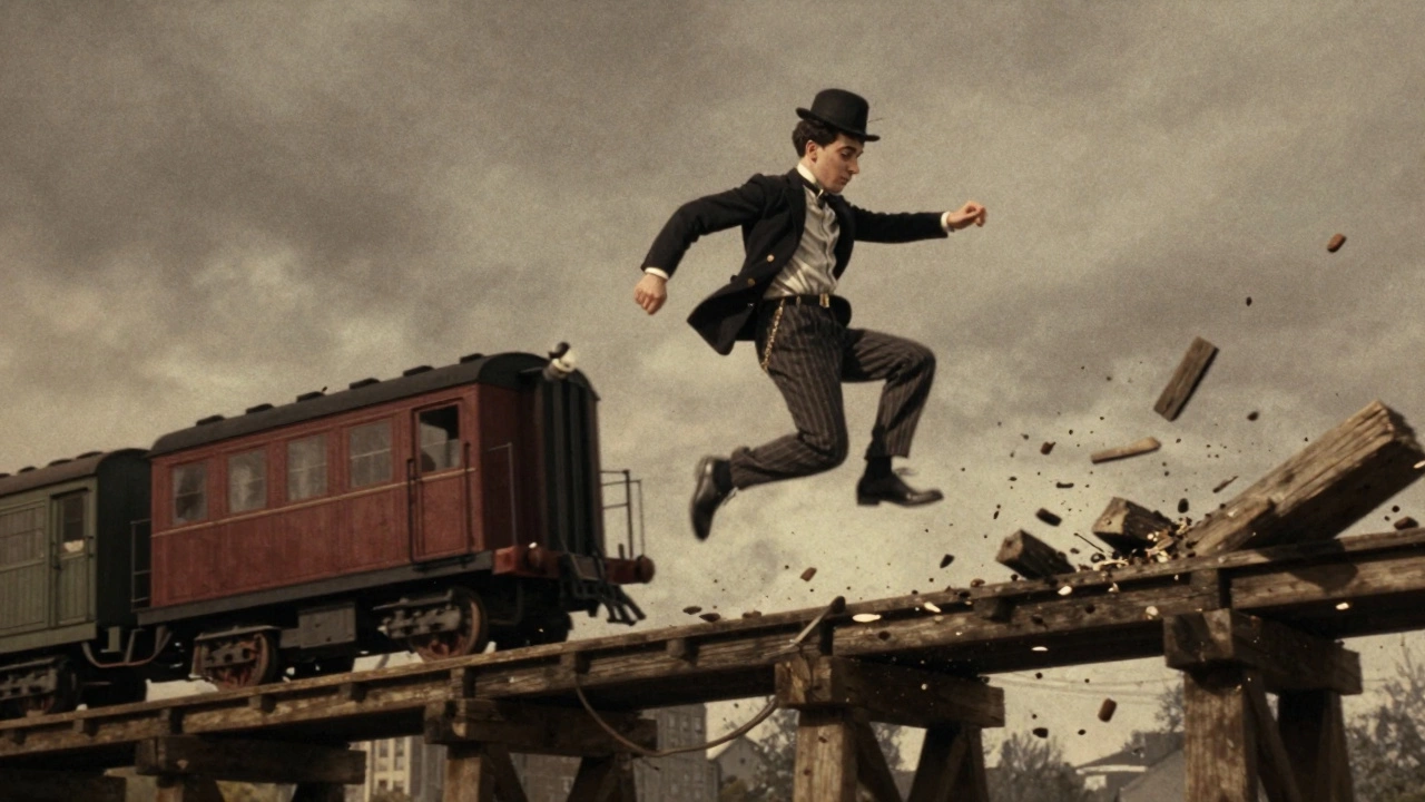 Buster Keaton calmly riding a train as a bridge collapses around him, face expressionless amid chaos.