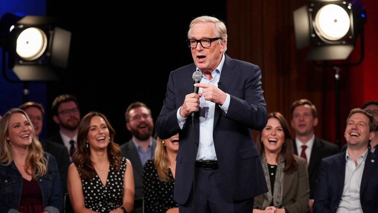 Comedian mimicking politician during live sketch, audience laughing