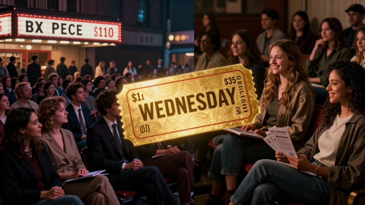 Contrasting scene: crowded Saturday night theater vs. relaxed Wednesday crowd with discounted tickets and upgrades.