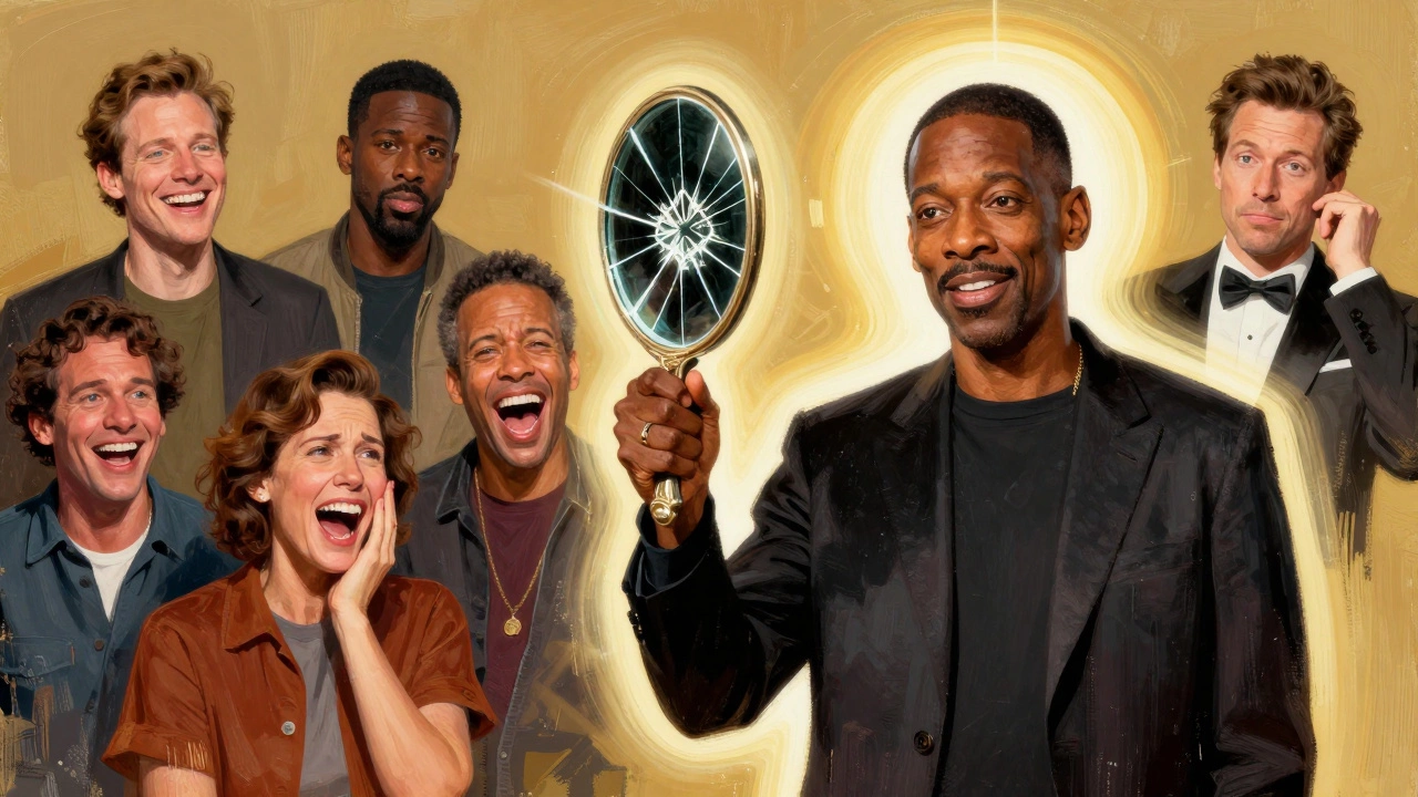 Dave Chappelle standing alone in golden light, holding a mirror reflecting diverse audience emotions.