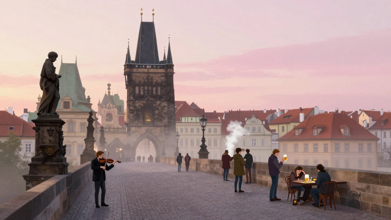 Dawn on Charles Bridge in Prague, violinist playing as artists sketch under foggy light.