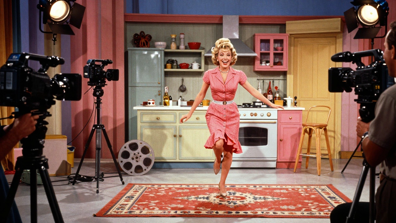 Lucille Ball trips over a rug in a colorful 1950s kitchen while a live studio audience laughs nearby.