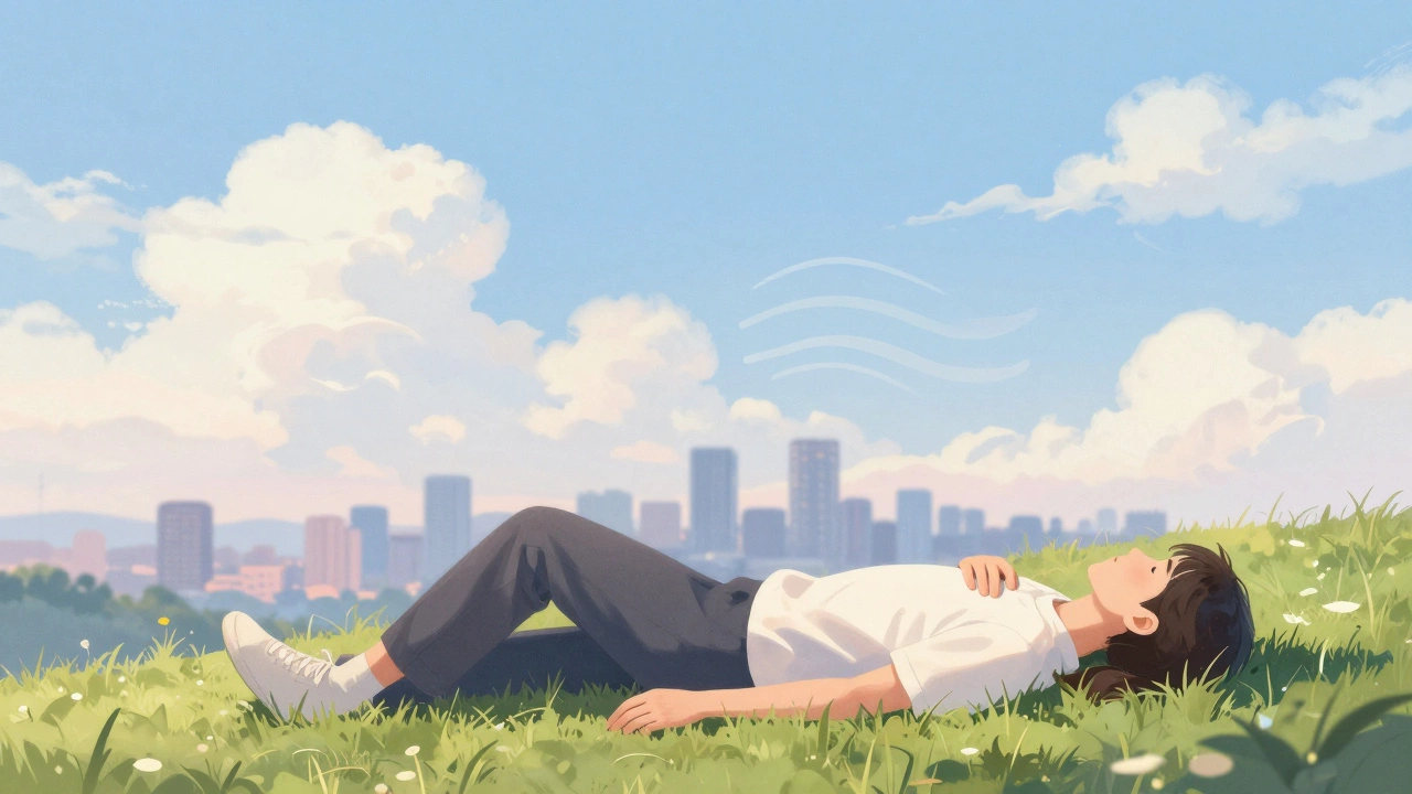 Person lying on grass watching clouds drift over a city skyline.