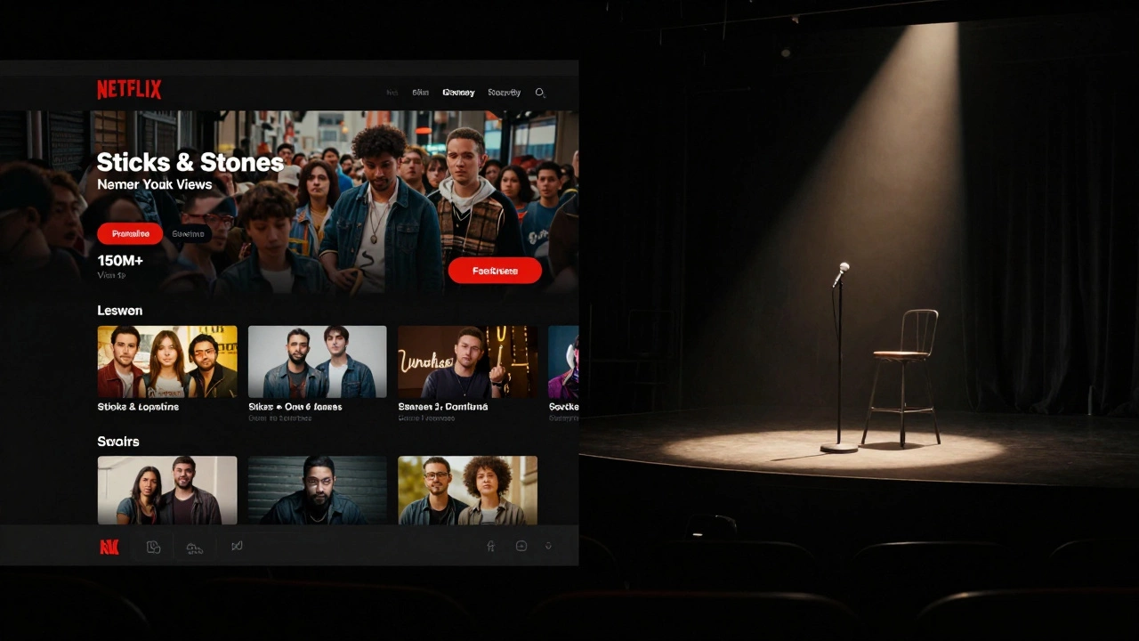 Split-screen: streaming views on one side, empty comedy stage with spotlight on the other.