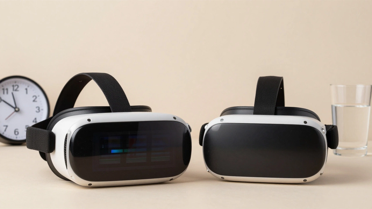 Two VR headsets side by side, one low-quality with visible pixel gaps, the other high-quality with crisp display, beside a glass of water.