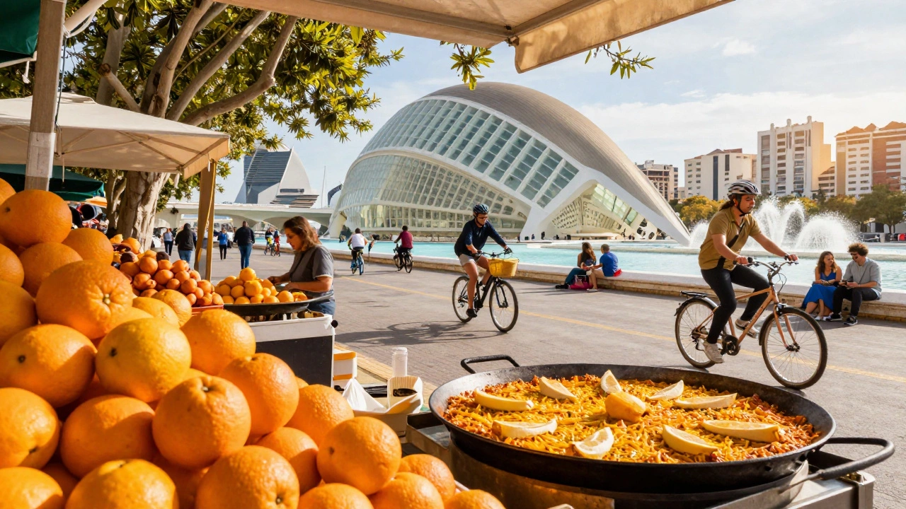 Valencia's Central Market with fresh oranges and paella, cyclists along the Turia Gardens.