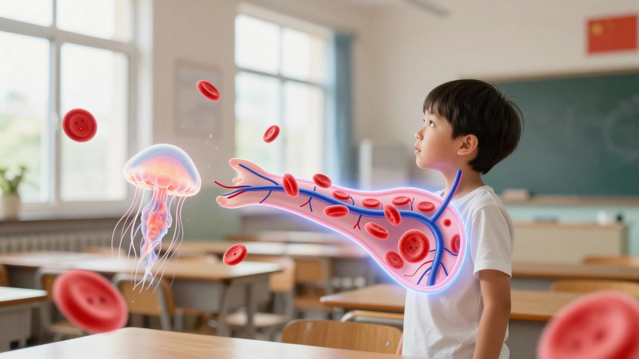A child explores the human bloodstream in an immersive classroom VR lesson.