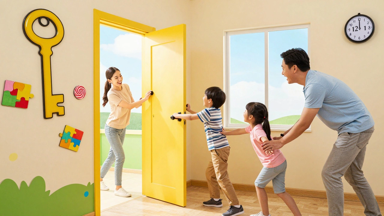 A family of four laughing in a colorful 45-minute escape room with a timer at 12:18.