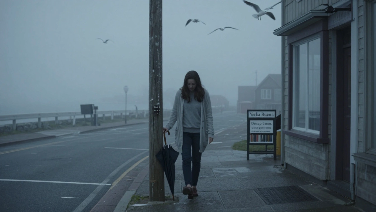 A foggy coastal street at dawn with a single abandoned umbrella and a whispering librarian walking past a quiet shop sign.