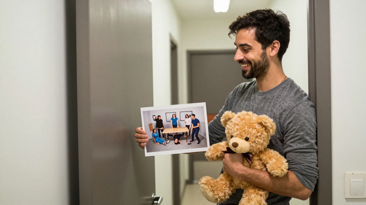 A game master smiling as they hand a photo to a team after they failed to escape, door open behind them.
