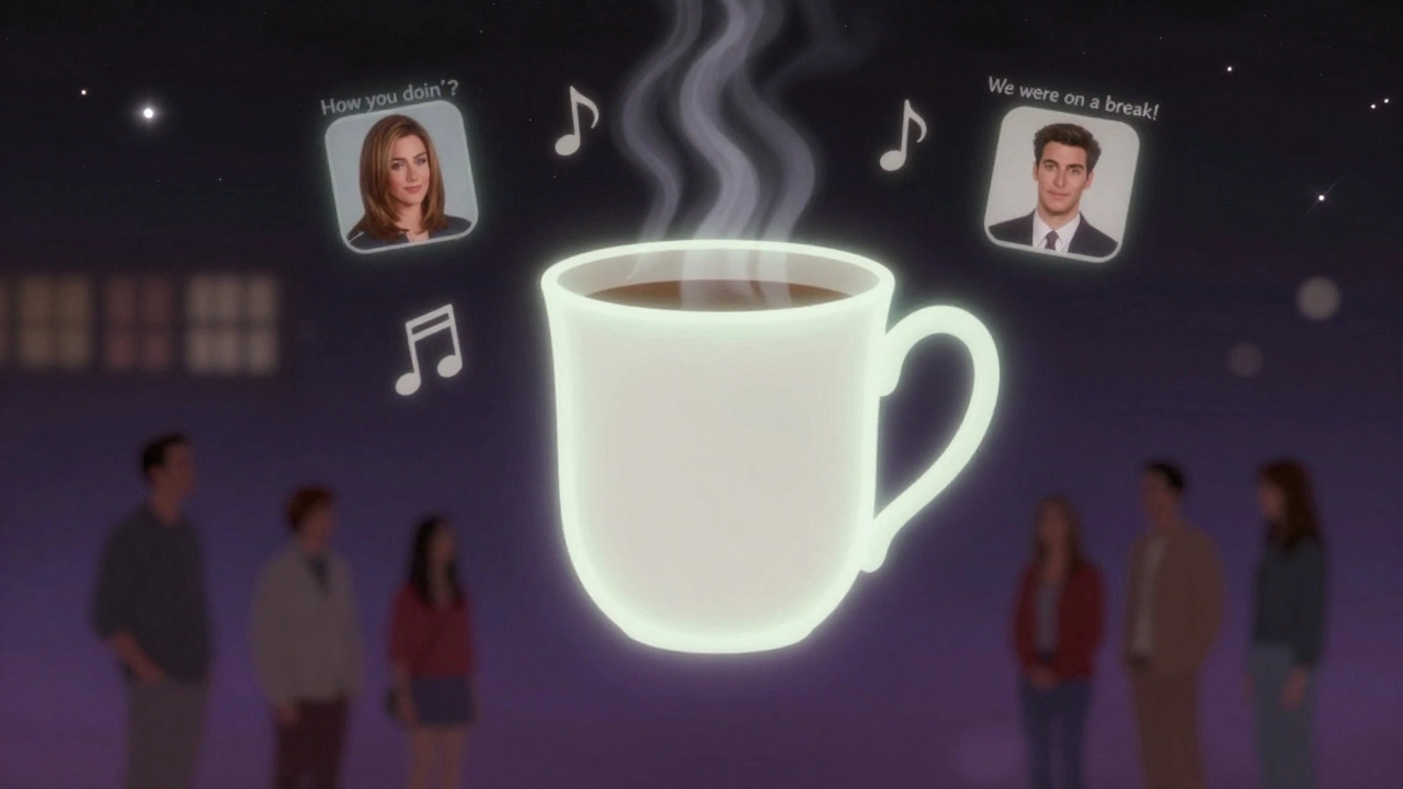 A glowing coffee mug floating among iconic Friends symbols like Rachel’s haircut and Joey’s catchphrase, under a starry sky.
