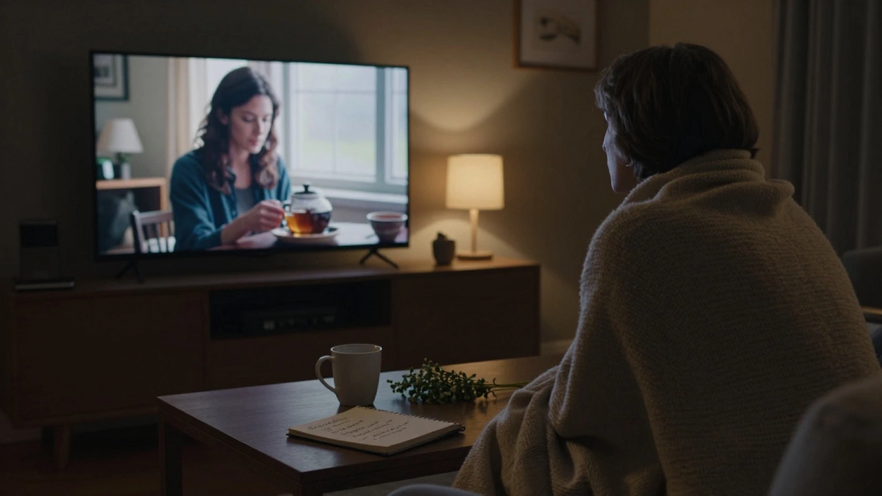 A person in a dim room watching a serene TV scene of tea steeping, surrounded by silence, a notebook, and a sprig of herb.