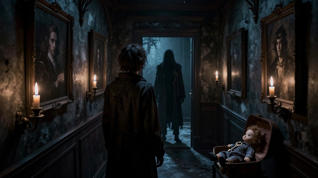 A player in a dark hallway faces a silent shadowy figure near a hidden key on a doll’s chest.