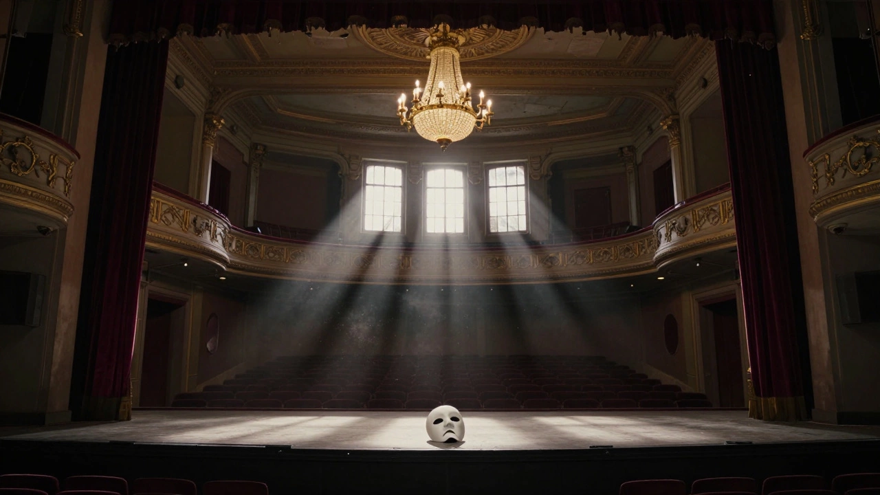 An empty Broadway theater with a chandelier hanging and a white opera mask on stage.