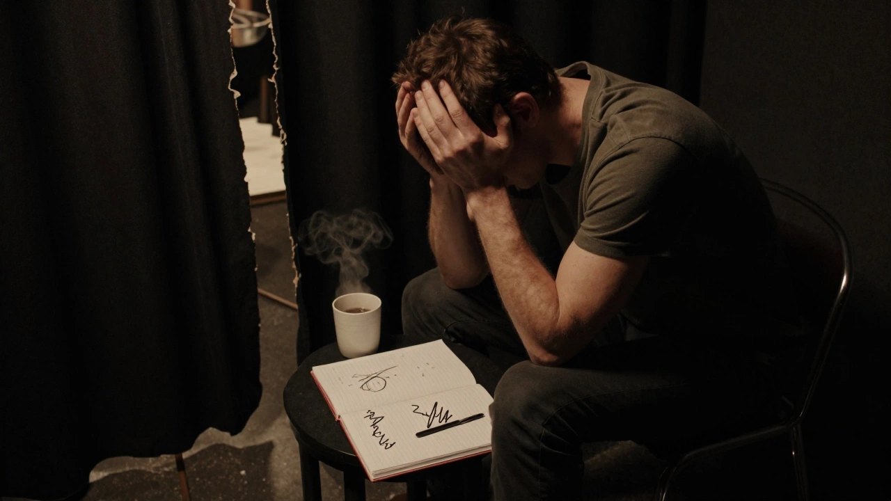 An exhausted actor backstage, surrounded by notes and symbols of emotion.