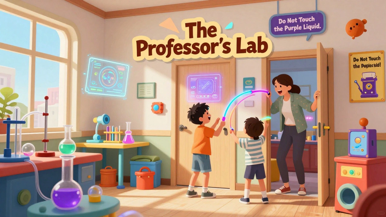 Children and adults laugh while solving colorful chemistry puzzles in a bright, family-friendly lab.