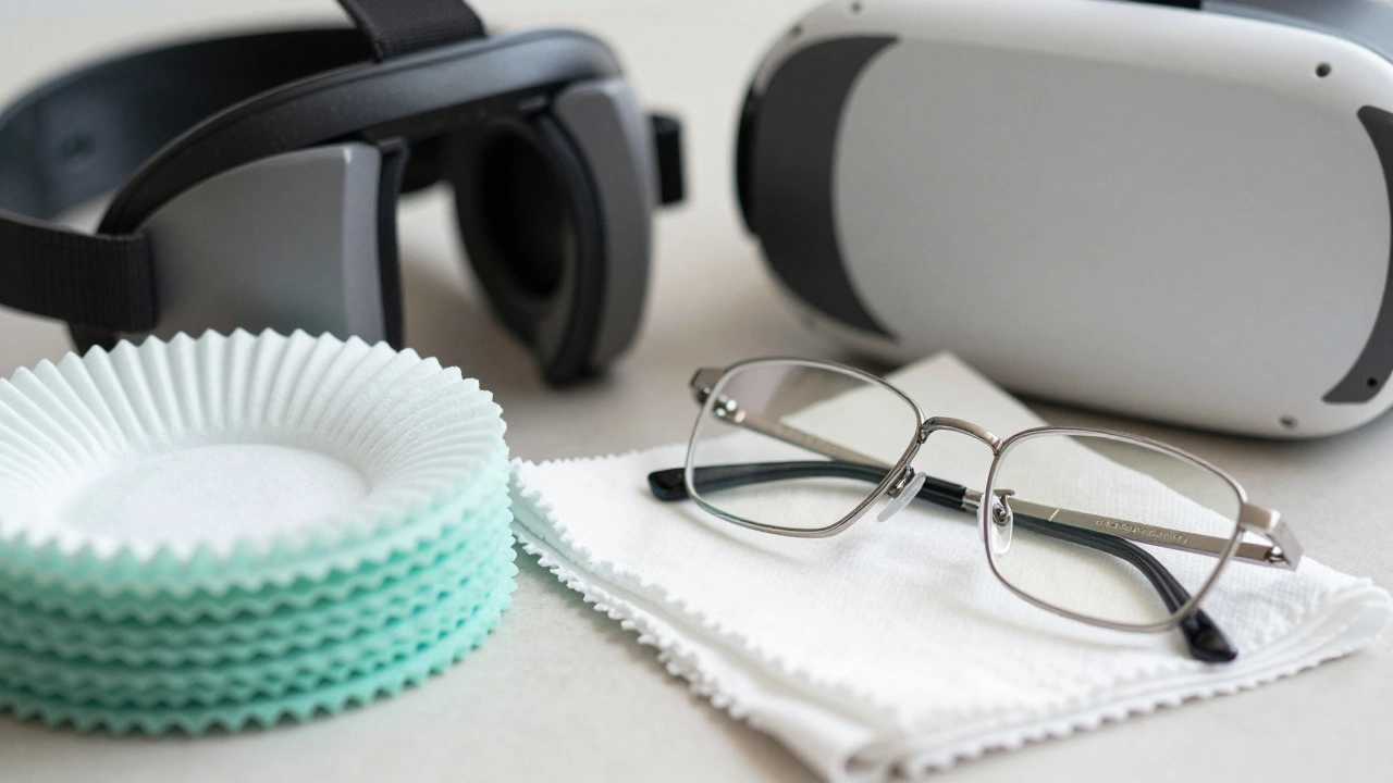 Clean VR headset with sanitization items and glasses nearby