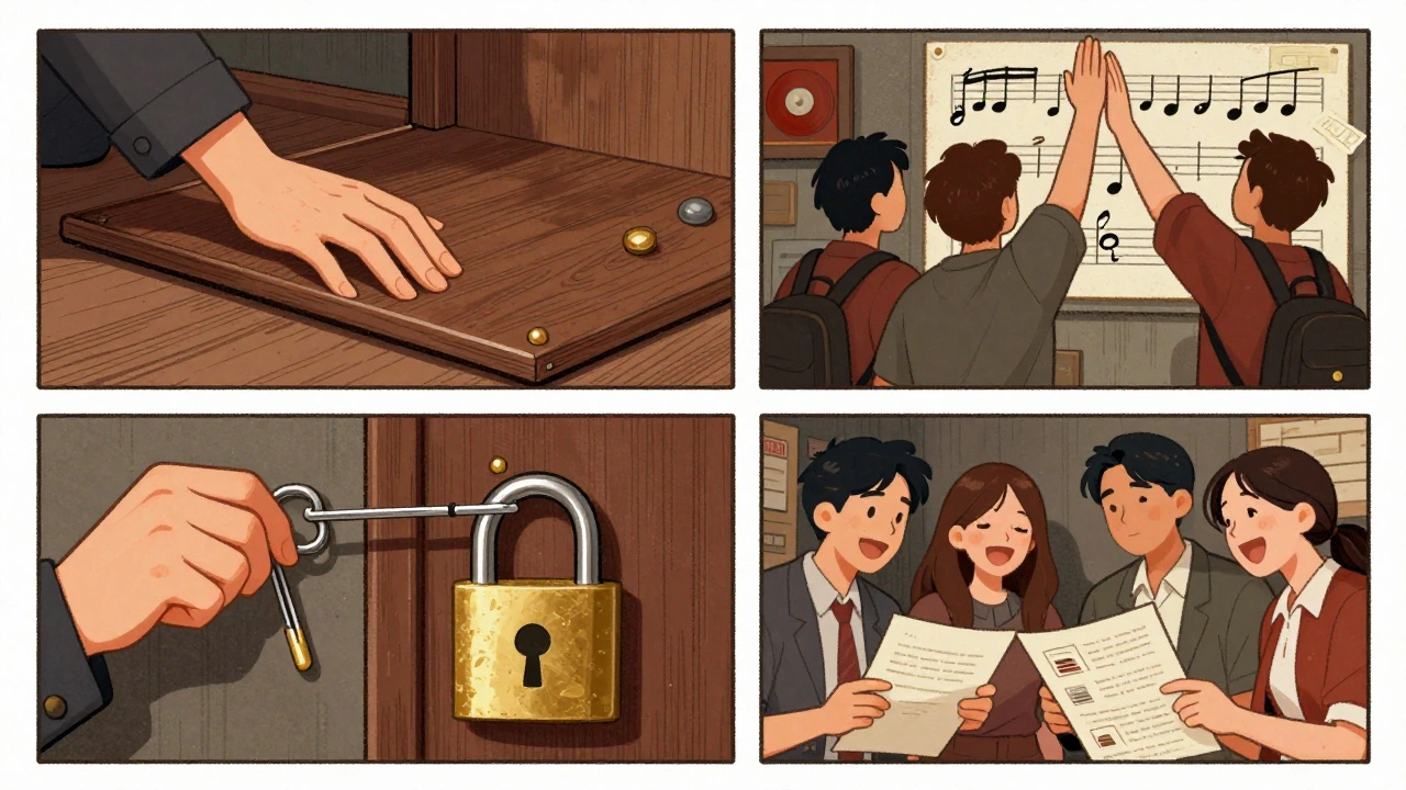 Four illustrated scenes from escape room attempts: lifting a floorboard, high-fiving over a clue, picking a lock, and laughing at solutions.