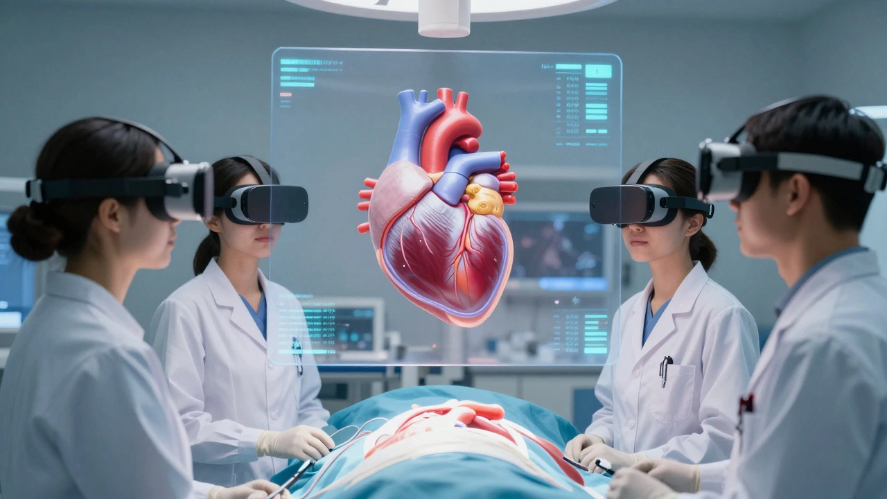 Medical students perform a virtual surgery with holographic organs and real-time data visuals.