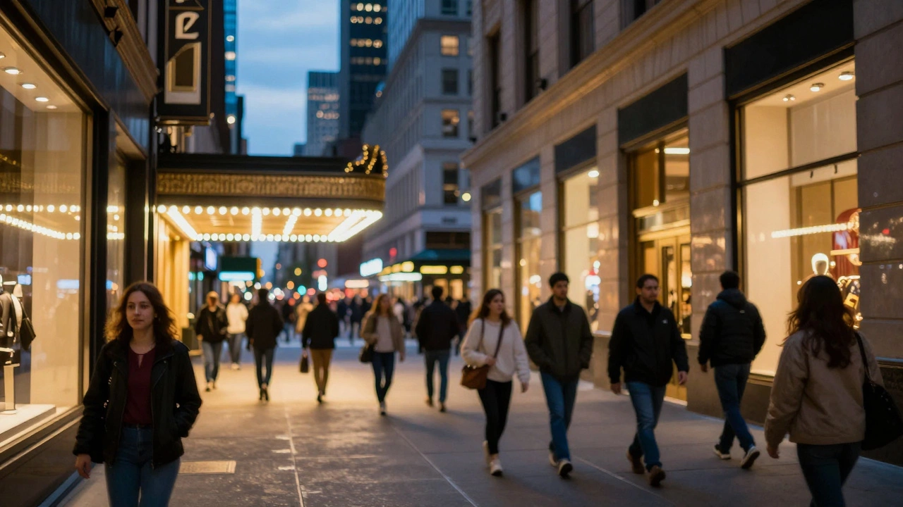 Night street scene with blurred tourists walking past illuminated theater buildings.