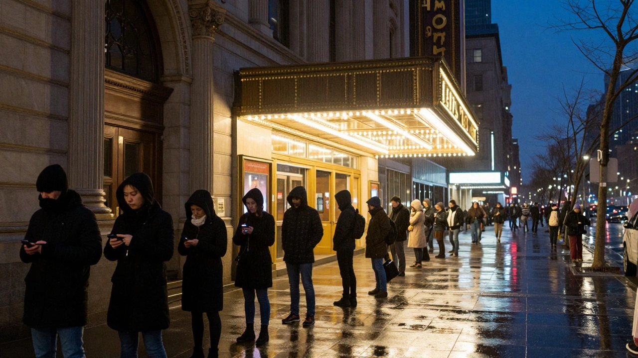 People waiting in line outside theater at night