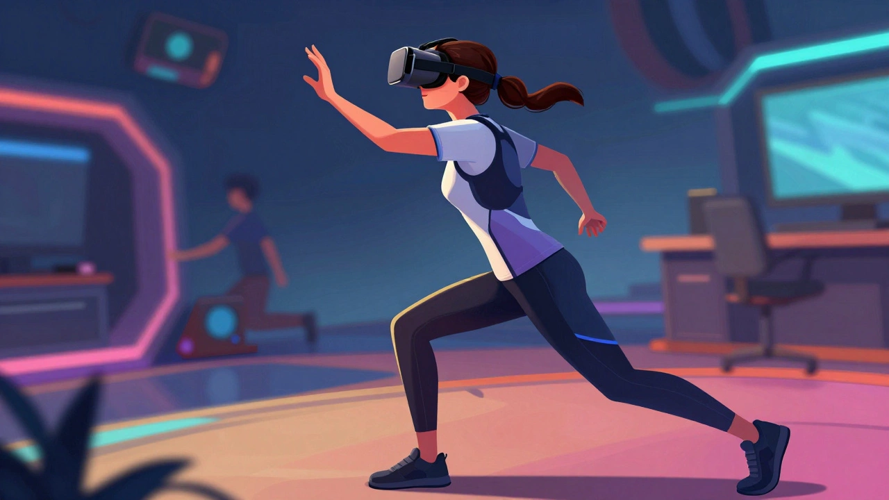 Player moving actively in VR wearing breathable clothing and tied hair