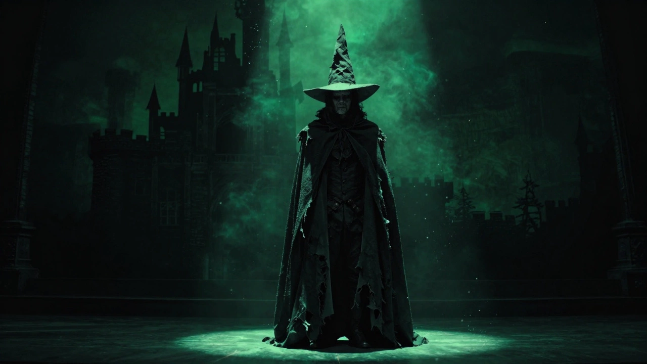 Solitary figure in black cloak and hat under green stage spotlight with smoke.