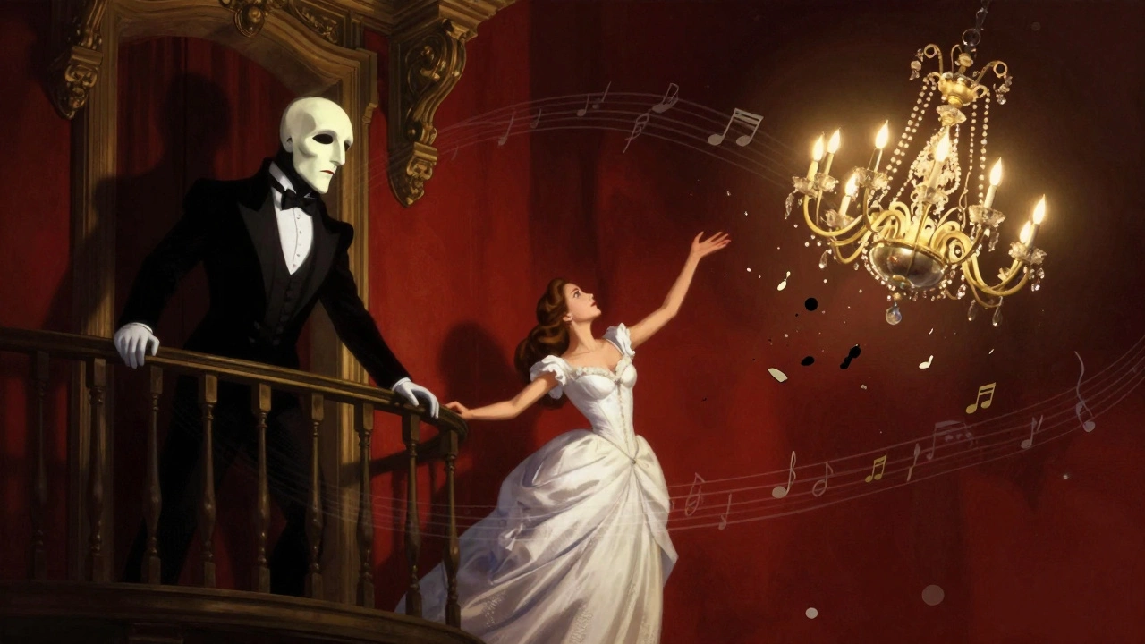 The Phantom, Christine, and a falling chandelier surrounded by swirling musical notes.