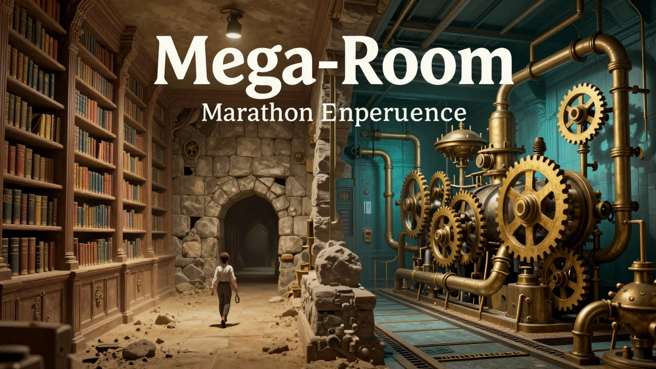 A conceptual view of a multi-stage escape room transitioning from a library to a steampunk engine room