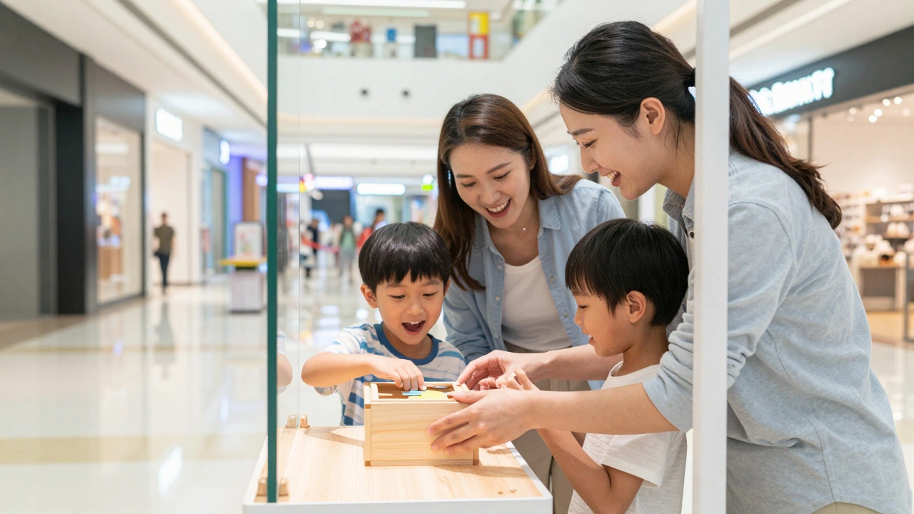 A family enjoying a short micro-room escape game inside a modern shopping mall