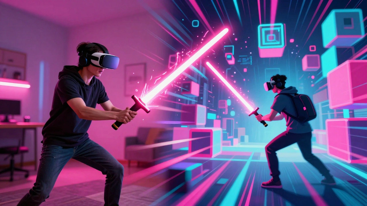 A gamer playing a rhythm VR game, slicing neon blocks with glowing sabers in a digital world.