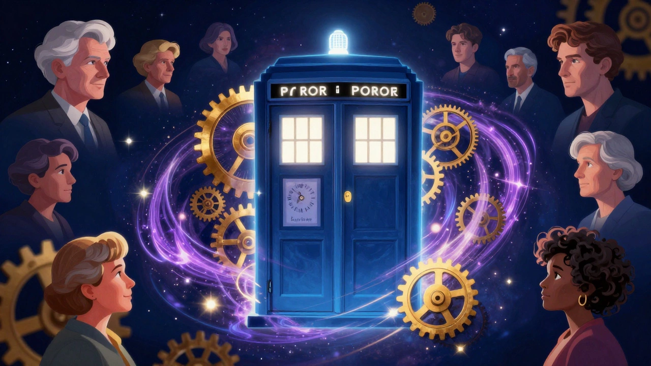 A glowing blue sci-fi box surrounded by clockwork gears and diverse human faces.