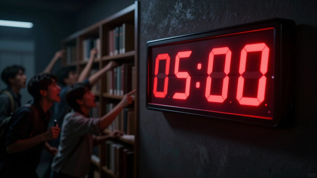 A glowing red digital timer showing five minutes left in an escape room.