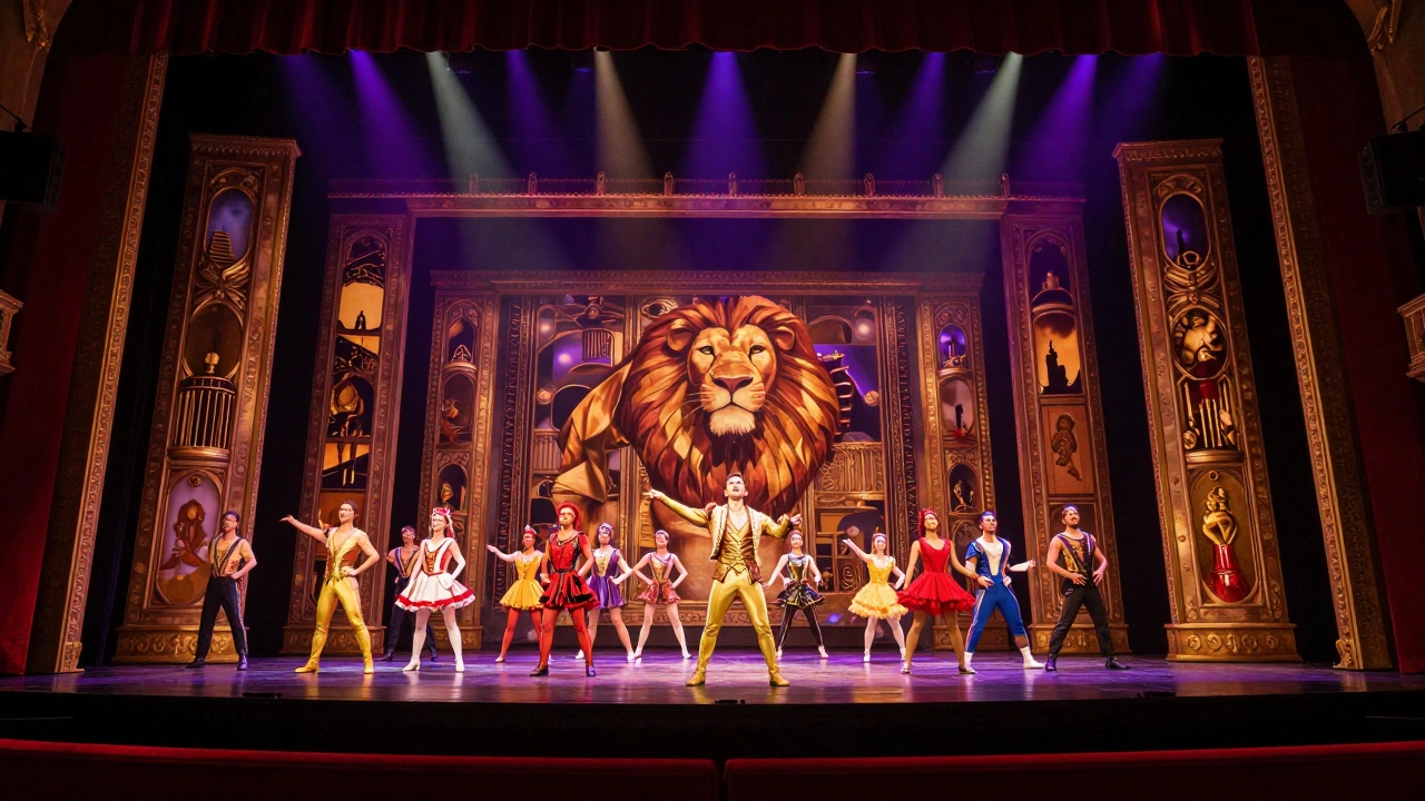 A grand Broadway stage with a revolving set and dramatic theatrical lighting