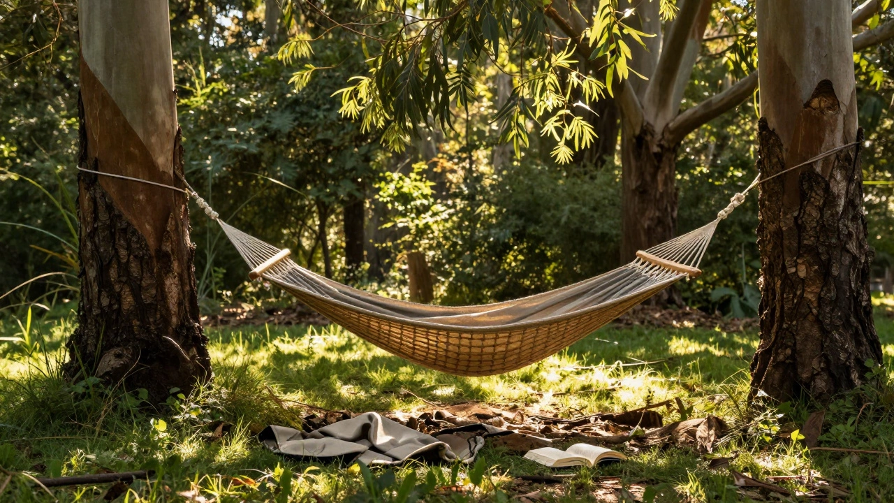 A hammock and open book under a canopy of eucalyptus trees in a sunny forest